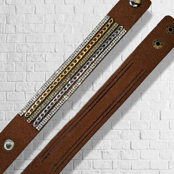 A7 Silver Crystal Gold Rhinestone Suede Wrap New Brown Bracelet Adjustable A7 - Picture 2 of 16